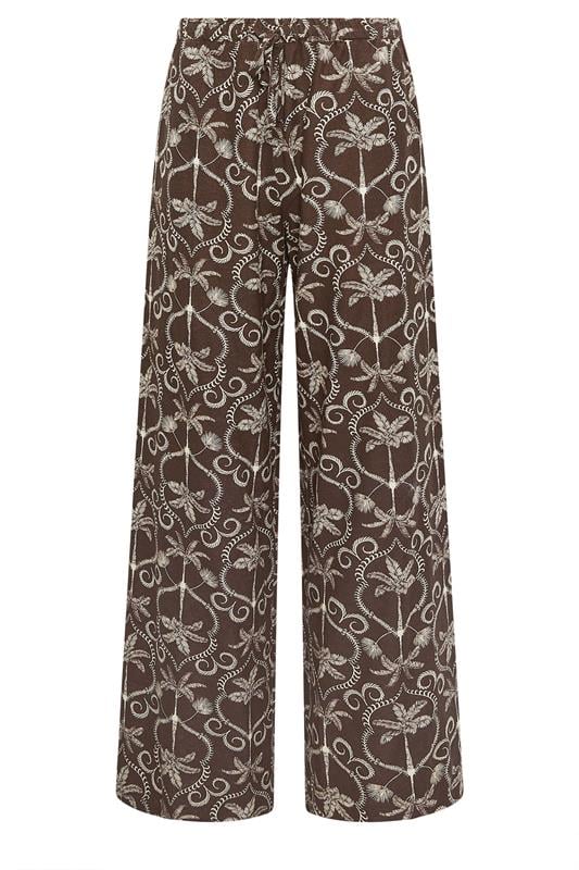 LTS Tall Women's Chocolate Brown Palm Print Wide Leg Linen Trousers | Long Tall Sally 5