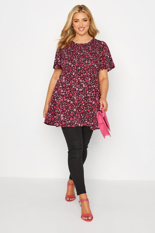Plus Size Pink Ditsy Floral Shirred Top | Yours Clothing 2