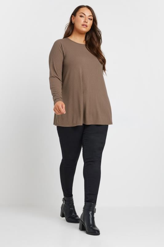 YOURS Plus Size Brown Ribbed Swing T-Shirt | Yours Clothing 2