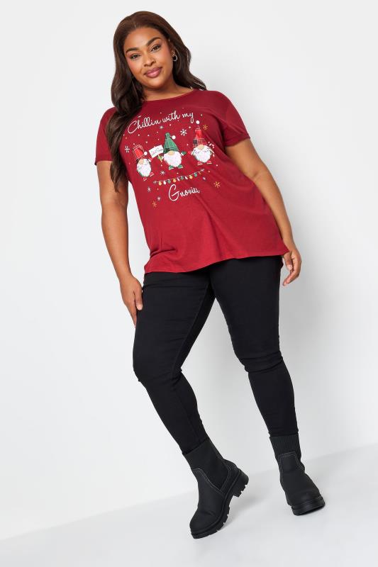 YOURS Curve Red 'Chillin With My Gnomies' Christmas T-Shirt | Yours Clothing  2