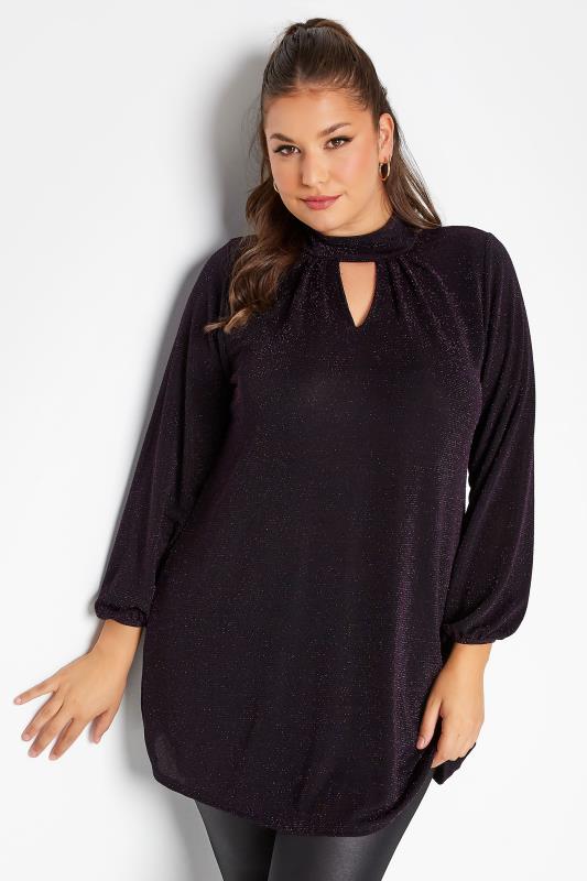 YOURS LONDON Plus Size Black & Purple Glitter Cut Out Swing Top | Yours Clothing 4