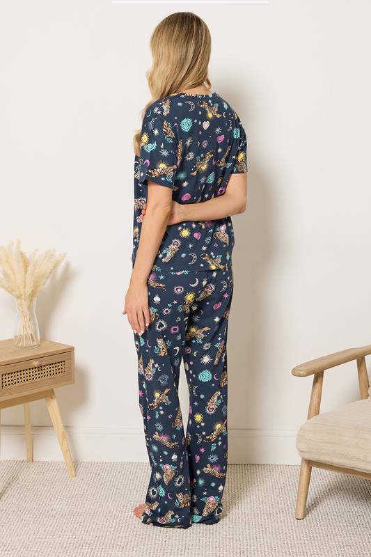 LTS Tall Women's Navy Blue Celestial Tiger Cotton Wide Leg Pyjama Set | Long Tall Sally 2