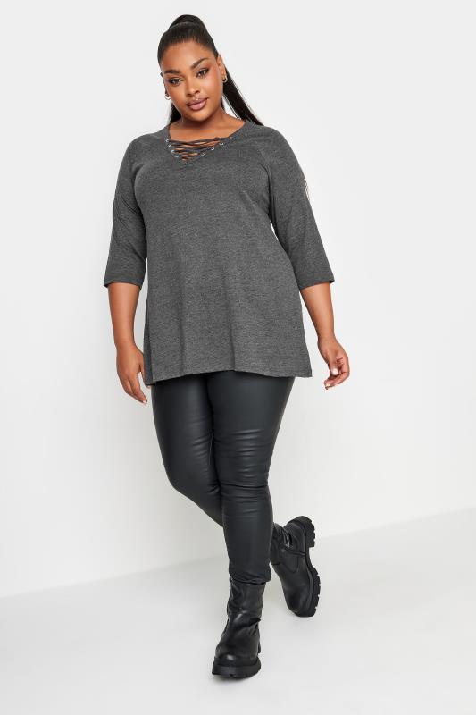 YOURS Plus Size Grey Lace Up Eyelet Top | Yours Clothing 2