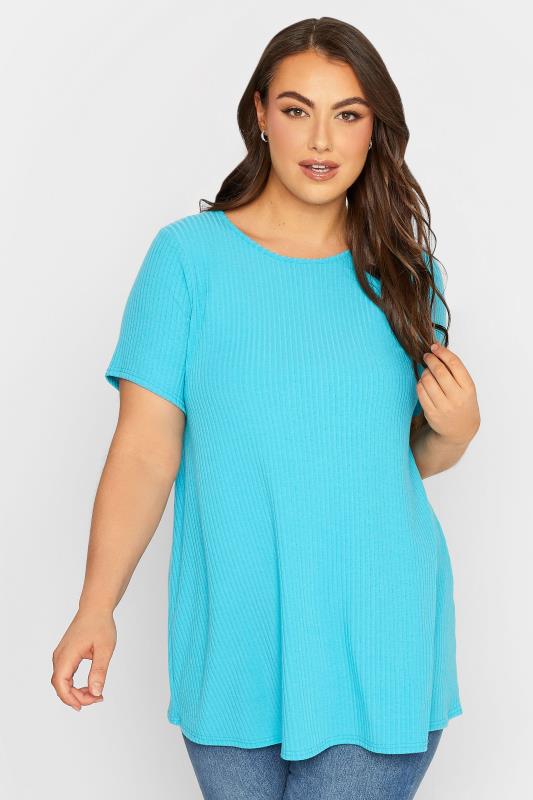 2 PACK Plus Size White & Turquoise Blue Ribbed Swing T-Shirts | Yours Clothing 2