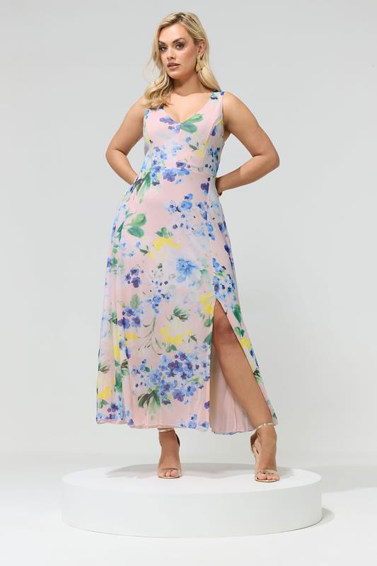 YOURS LONDON Plus Size Pink Mesh Floral Print Sleeveless Maxi Dress | Yours Clothing 1