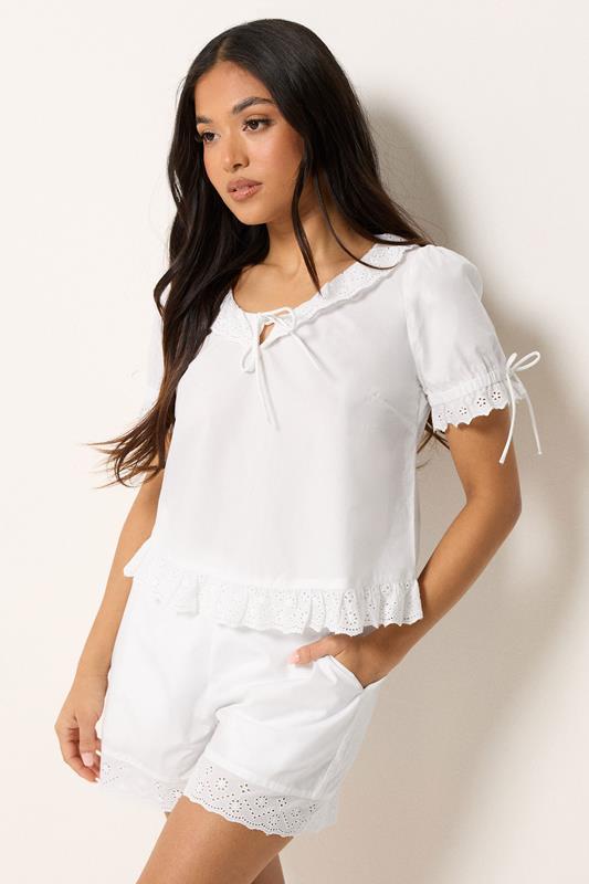 PixieGirl Petite Women's White Embroidered Trim Cotton Top | PixieGirl 2