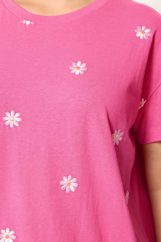 YOURS Plus Size Pink Embroidered Daisy Short Sleeve T-Shirt | Yours Clothing 5