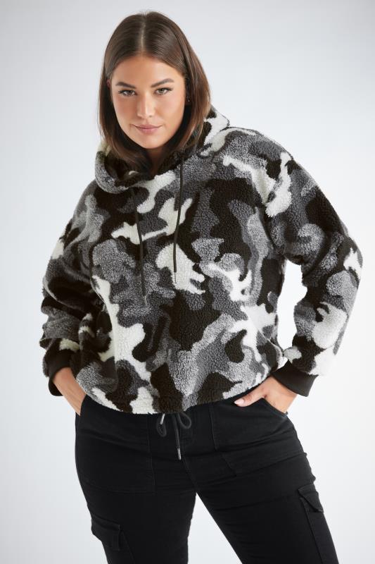 Plus Size  YOURS Curve Grey Camo Print Cropped Fleece Hoodie