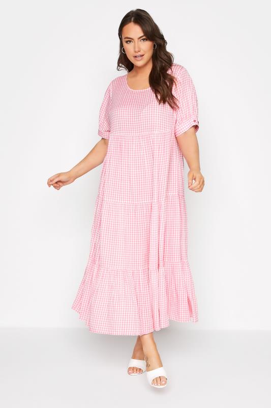 LIMITED COLLECTION Curve Pink Gingham Tiered Smock Dress_A.jpg