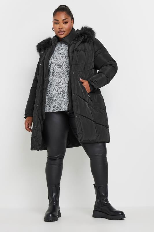 YOURS Plus Size Black Faux Fur Trim Puffer Coat | Yours Clothing 3