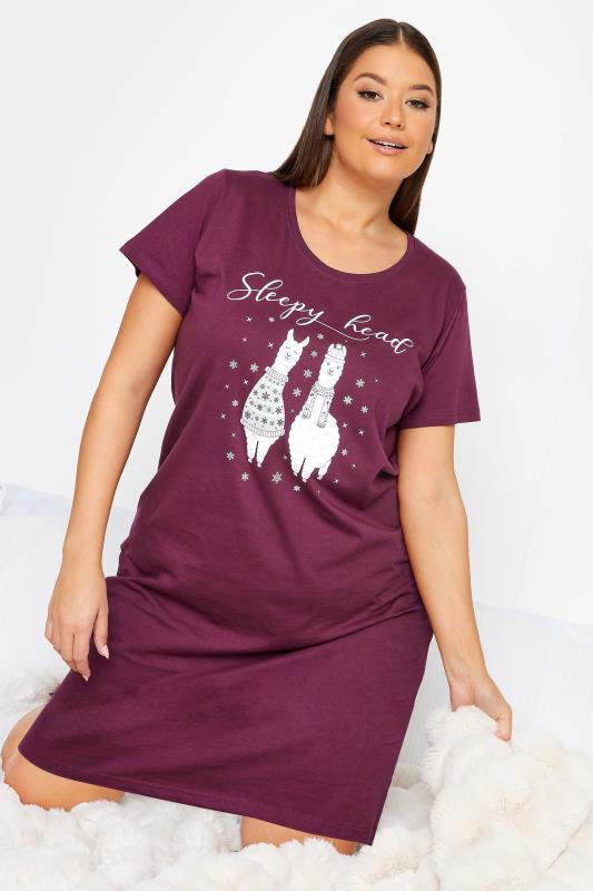 YOURS Plus Size Burgundy Red Llama Print 'Sleepy Head' Slogan Nightdress | Yours Clothing 1