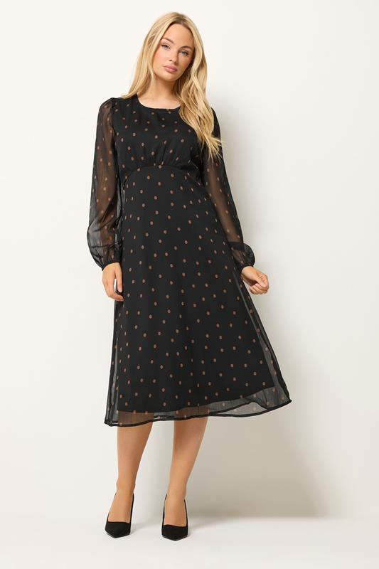  M&Co Black Spot Print Long Sleeve Chiffon Dress