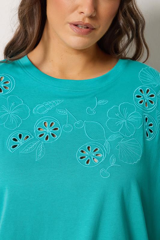 YOURS Plus Size Turquoise Blue Embroidered Fruit T-Shirt | Yours Clothing 4