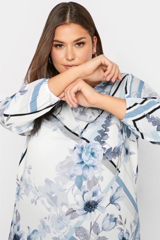 YOURS LONDON Plus Size White & Blue Floral Scarf Print Blouse | Yours Clothing 4