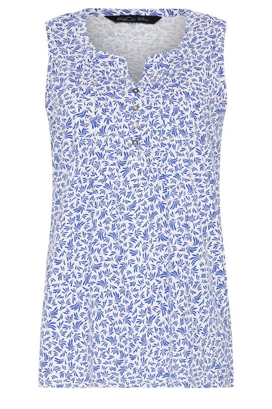 M&Co White & Blue Leaf Print Cotton Sleeveless Henley Top  5
