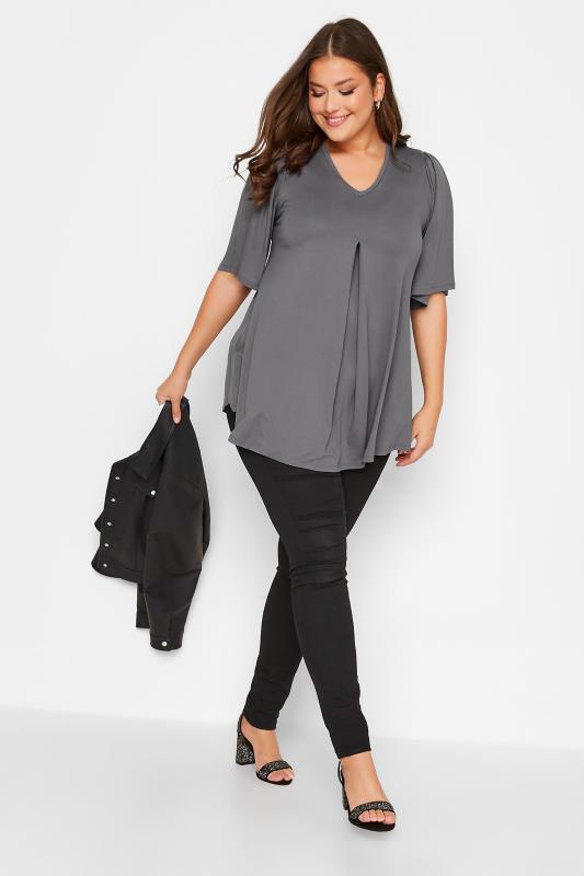 Plus Size Grey Pleat Angel Sleeve Swing Top | Yours Clothing 2