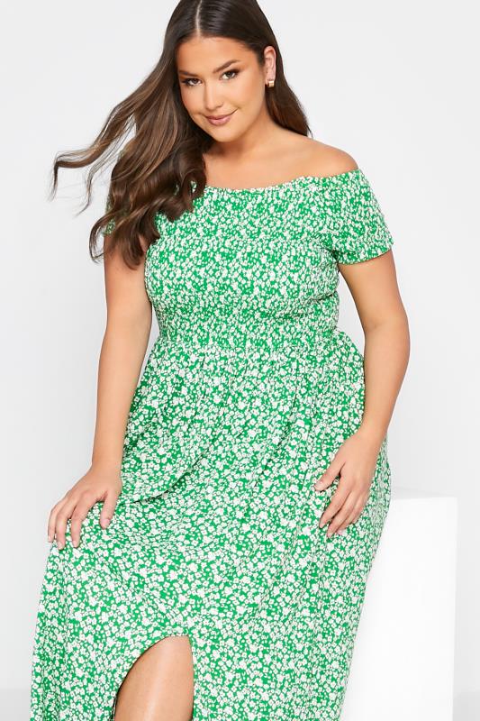 Curve Green Floral Shirred Bardot Maxi Dress 4