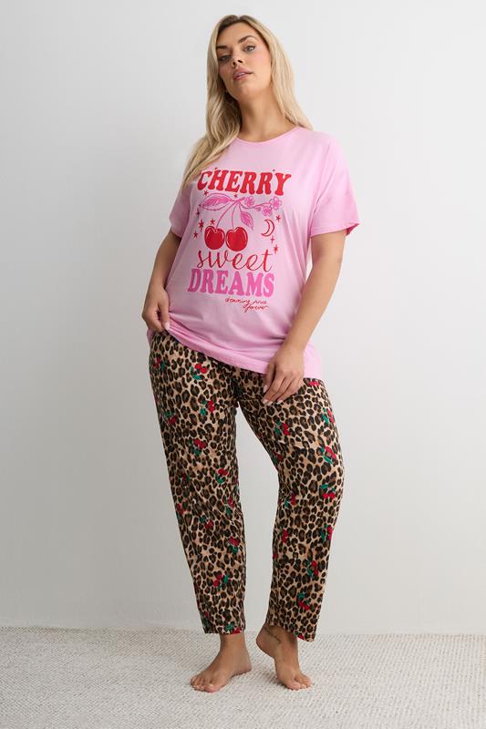 YOURS Plus Size Pink 'Cherry Sweet Dreams' Leopard Pyjama Set | Yours Clothing 1