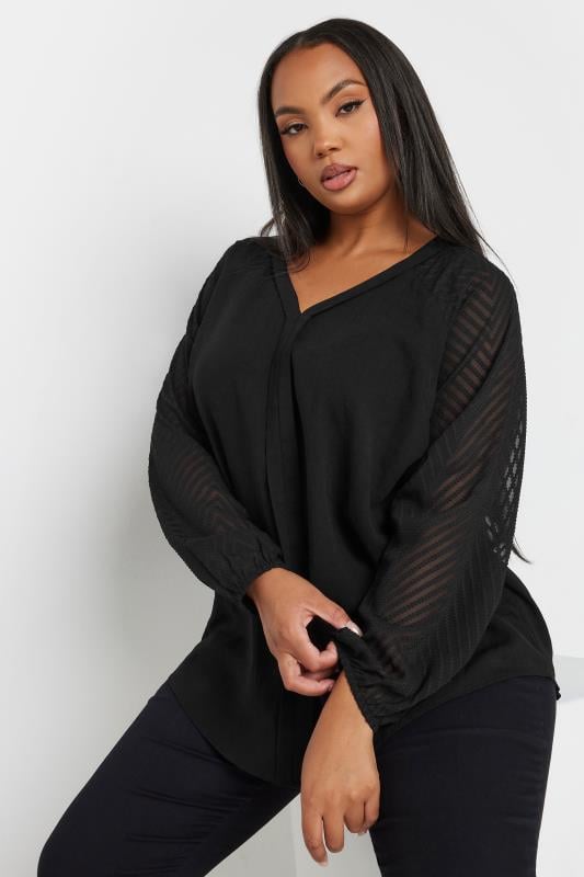  YOURS Curve Black Burnout Sleeve V-Neck Blouse