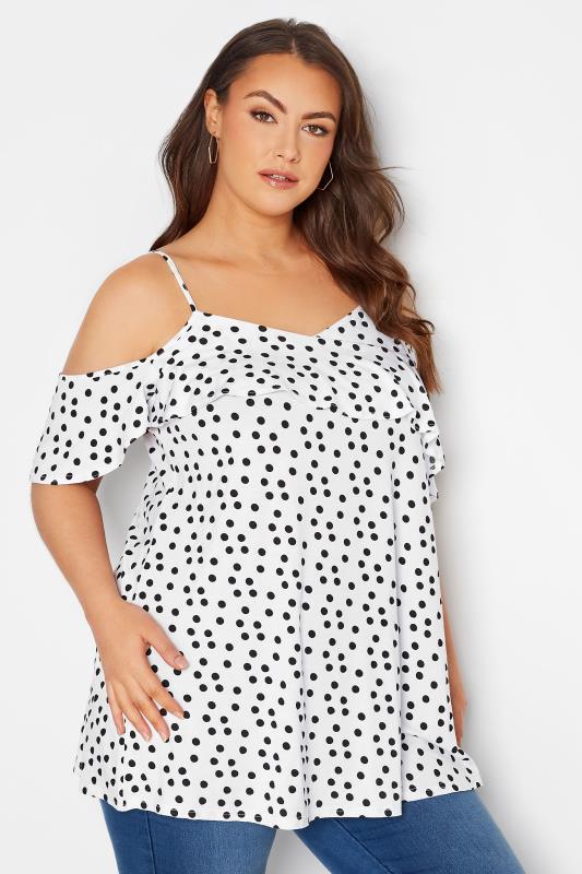Plus Size White Polka Dot Frill Cold Shoulder Top | Yours Clothing  4