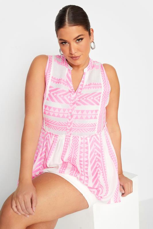 YOURS Plus Size White & Pink Aztec Print Peplum Top | Yours Clothing 4