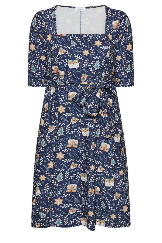 YOURS LONDON Plus Size Navy Blue Gingerbread Print Square Neck Christmas Dress | Yours Clothing 6