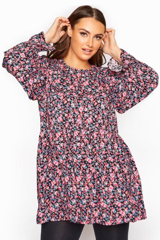 LIMITED COLLECTION Pink & Blue Floral Smock Blouse | Yours Clothing 1