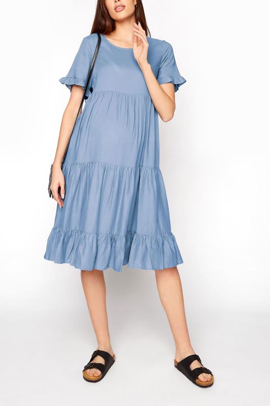 LTS Tall Maternity Blue Tiered Smock Dress 2