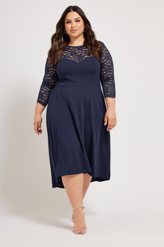 Plus Size  YOURS LONDON Curve Navy Blue Lace Sweetheart Dress