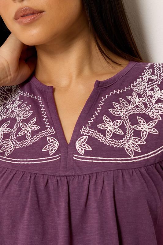 M&Co Petite Berry Purple Embroidered Cotton Notch Neck Top | M&Co  4