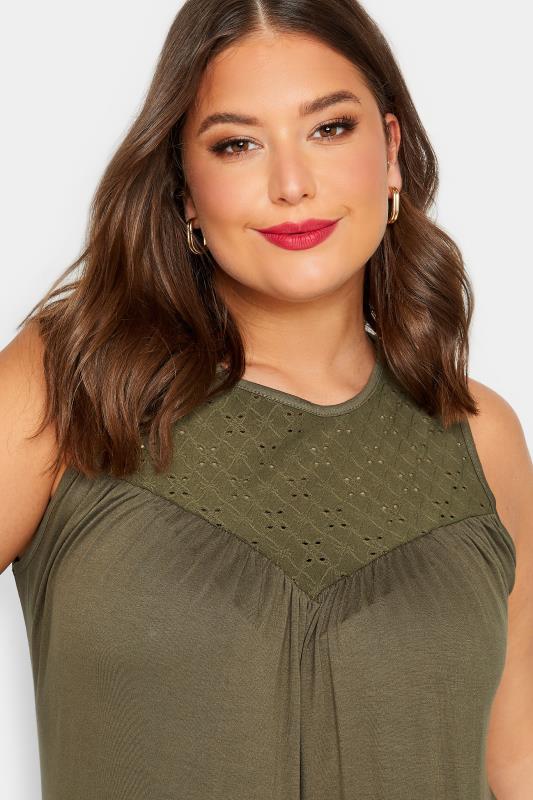 LIMITED COLLECTION Plus Size Khaki Green Broderie Anglaise Insert Vest Top | Yours Clothing 4
