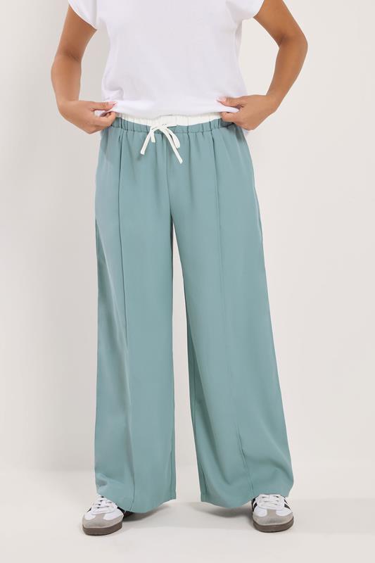 PixieGirl Petite Women's Blue Contrast Waist Wide Leg Trousers | PixieGirl 1