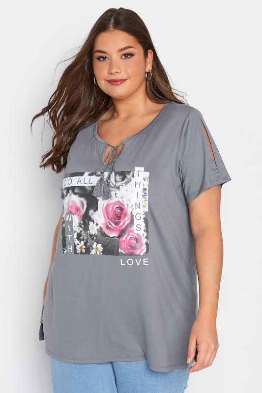  Grande Taille Curve Grey Printed Tie Neck T-Shirt