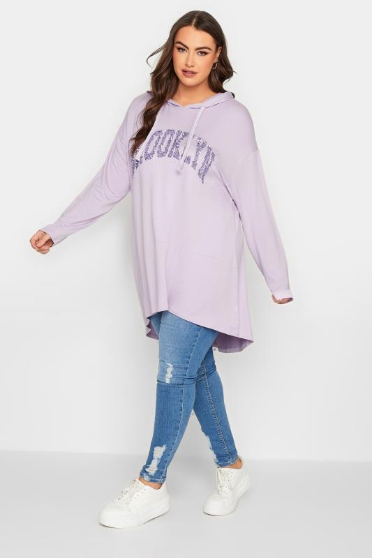 YOURS Curve Plus Size Lilac Purple 'Brooklyn' Slogan Longline Hoodie | Yours Clothing  2