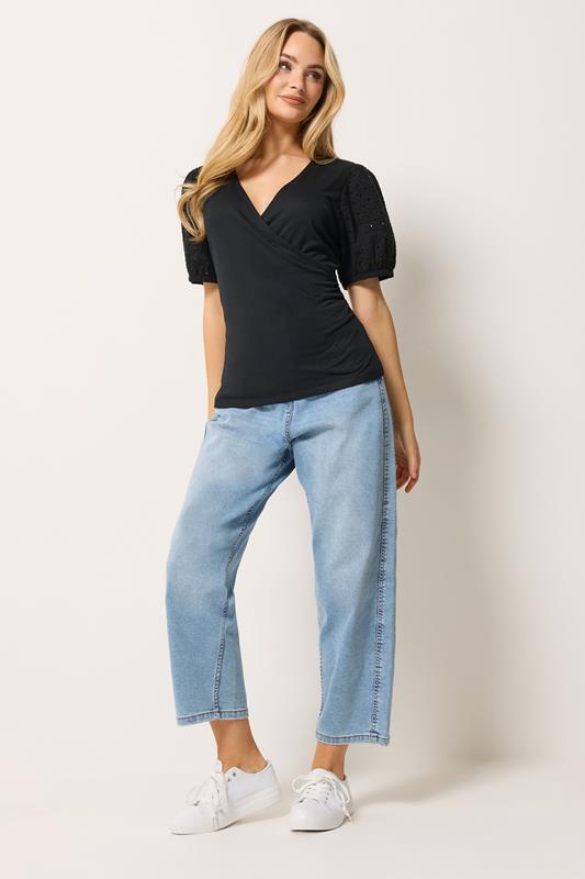 M&Co Black Broderie Sleeve Cotton Wrap Top | M&Co 1