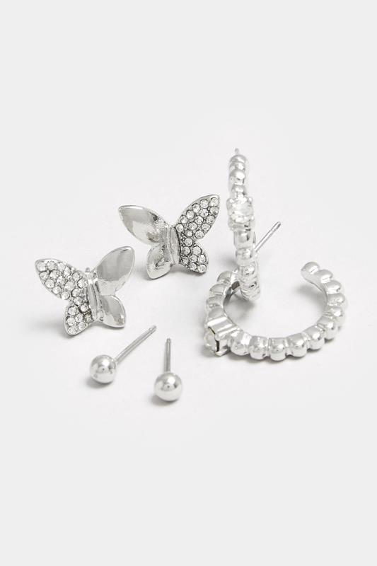 3 Pack Silver Diamante Butterfly Earrings 4
