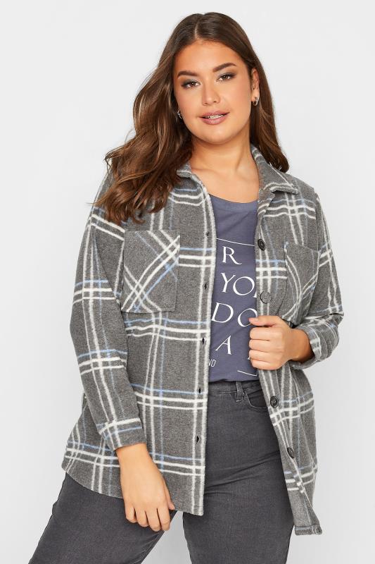YOURS LUXURY Plus Size Grey Check Felted Shacket | Yours Clothing 2