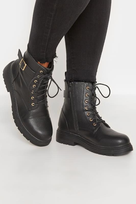 Black Buckle Lace Up Ankle Boots In Extra Wide EEE Fit 1