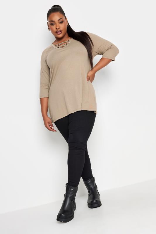 YOURS Plus Size Mocha Brown Lace Up Eyelet Top | Yours Clothing