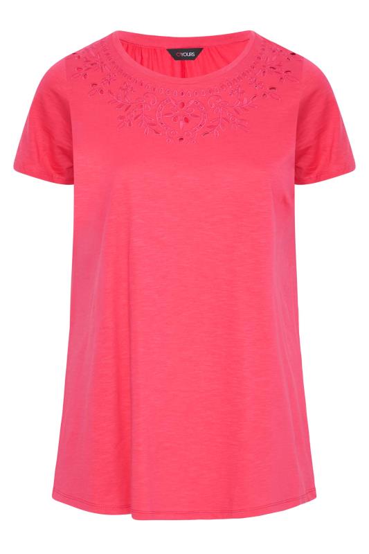 Curve Hot Pink Broderie Anglaise Neckline T-Shirt 6