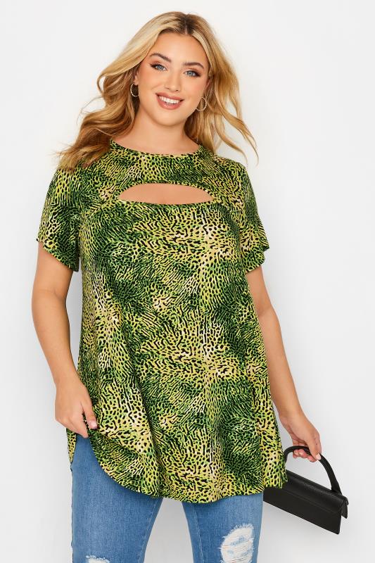 Plus Size  YOURS Curve Green Animal Print Cut Out Top