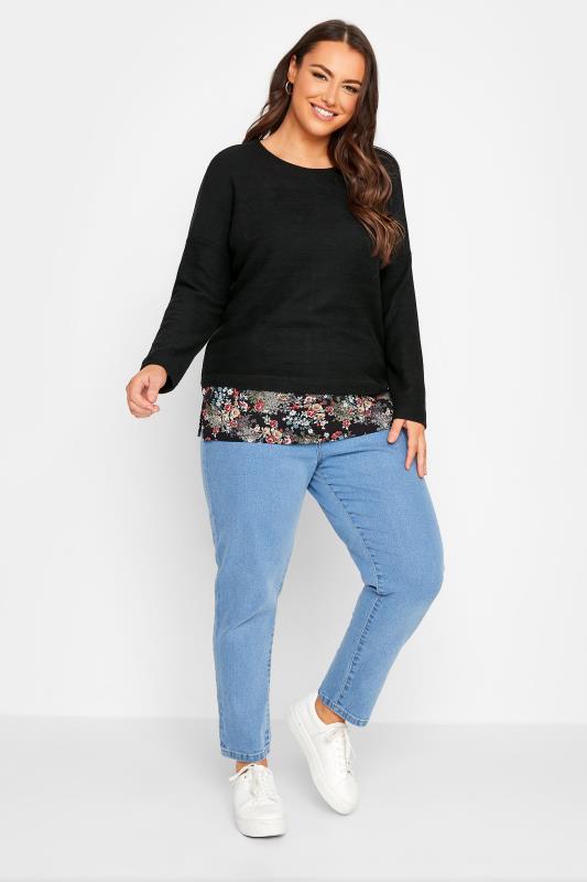 Plus Size Black Floral Panel Tunic Top | Yours Clothing 2