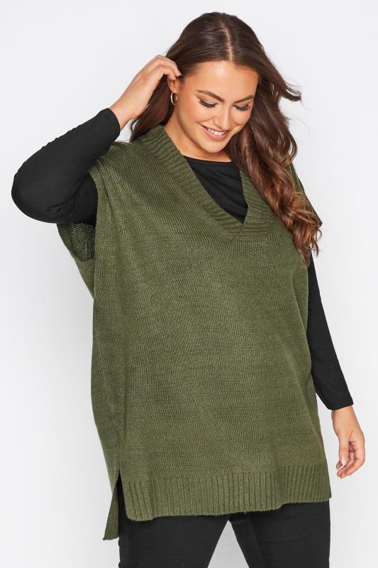Plus Size  Curve Khaki Green Knitted V-Neck Vest