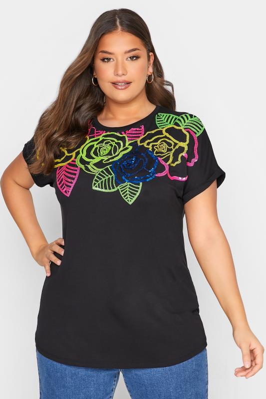  Grande Taille Curve Black Floral Sequin Embellished T-Shirt