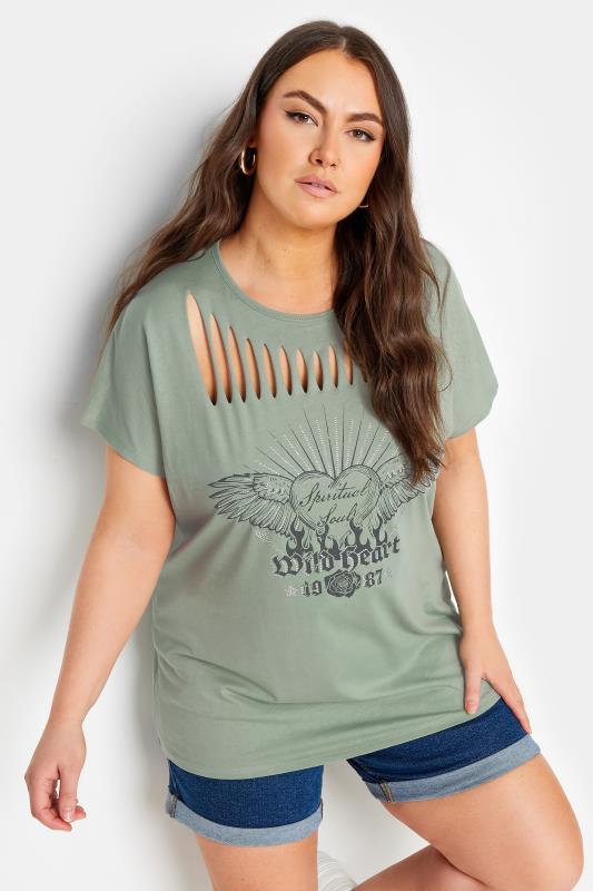 YOURS Plus Size Sage Green 'Wild Heart' Slogan T-Shirt | Yours Clothing 1