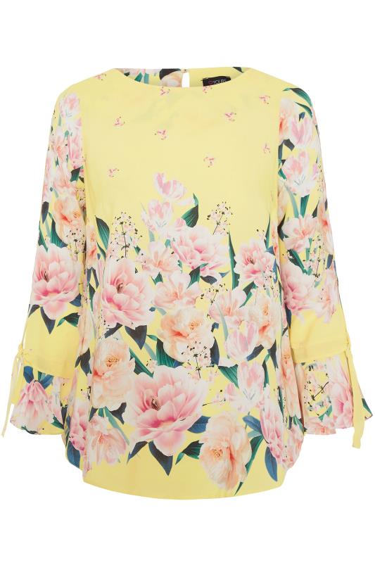 Yellow Floral Print Flute Sleeve Blouse | Yours Clothing