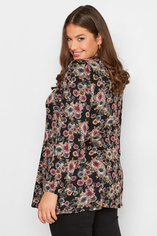 Curve Black & Pink Long Sleeve Floral Pleated Top | Yours Clothing 3