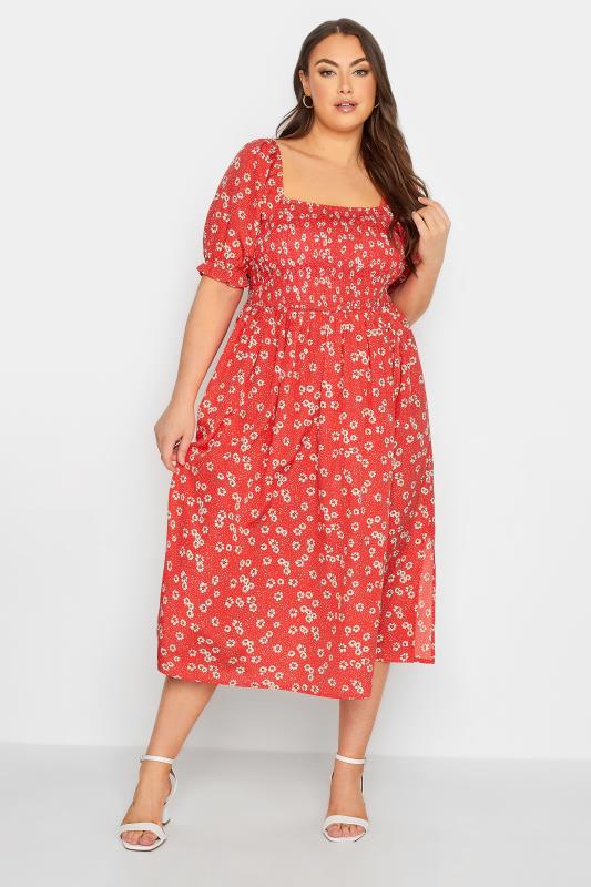 YOURS Curve Red Daisy Print Shirred Maxi Dress | Yours Clothing  1