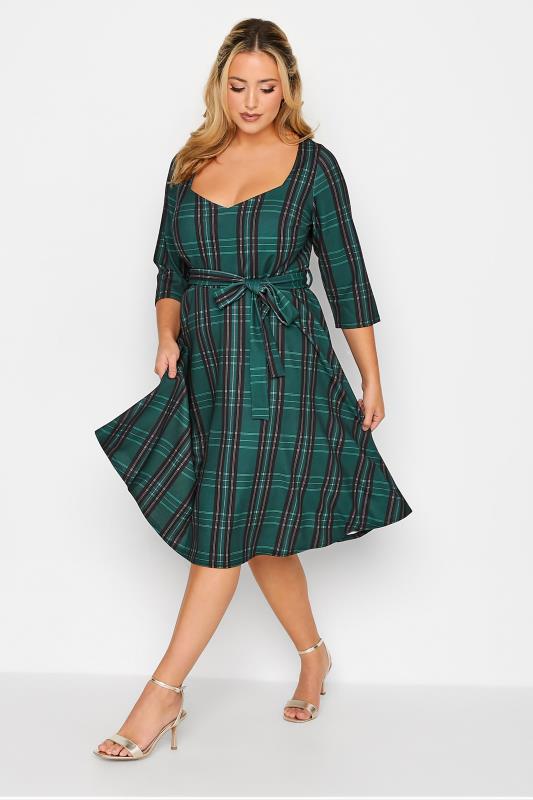 YOURS LONDON Curve Green Check Print Skater Dress | Yours Clothing  1