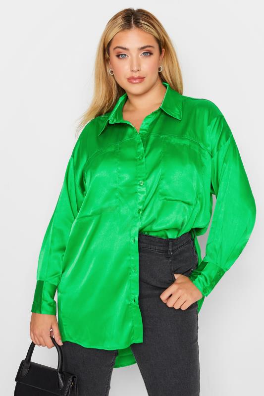 LIMITED COLLECTION Plus Size Bright Green Satin Shirt | Yours Clothing 1